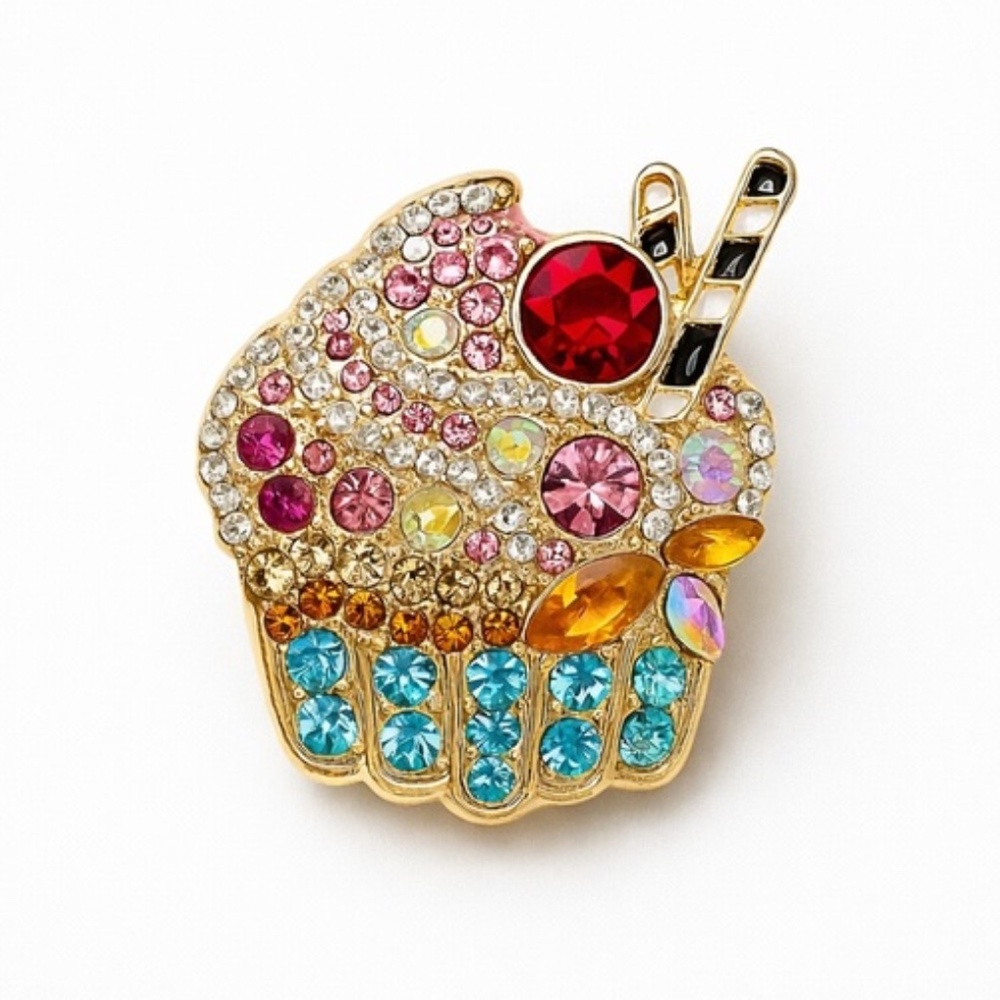 Colorful Cupcake Dessert Chunky Sweets Gold Crystal Brooch